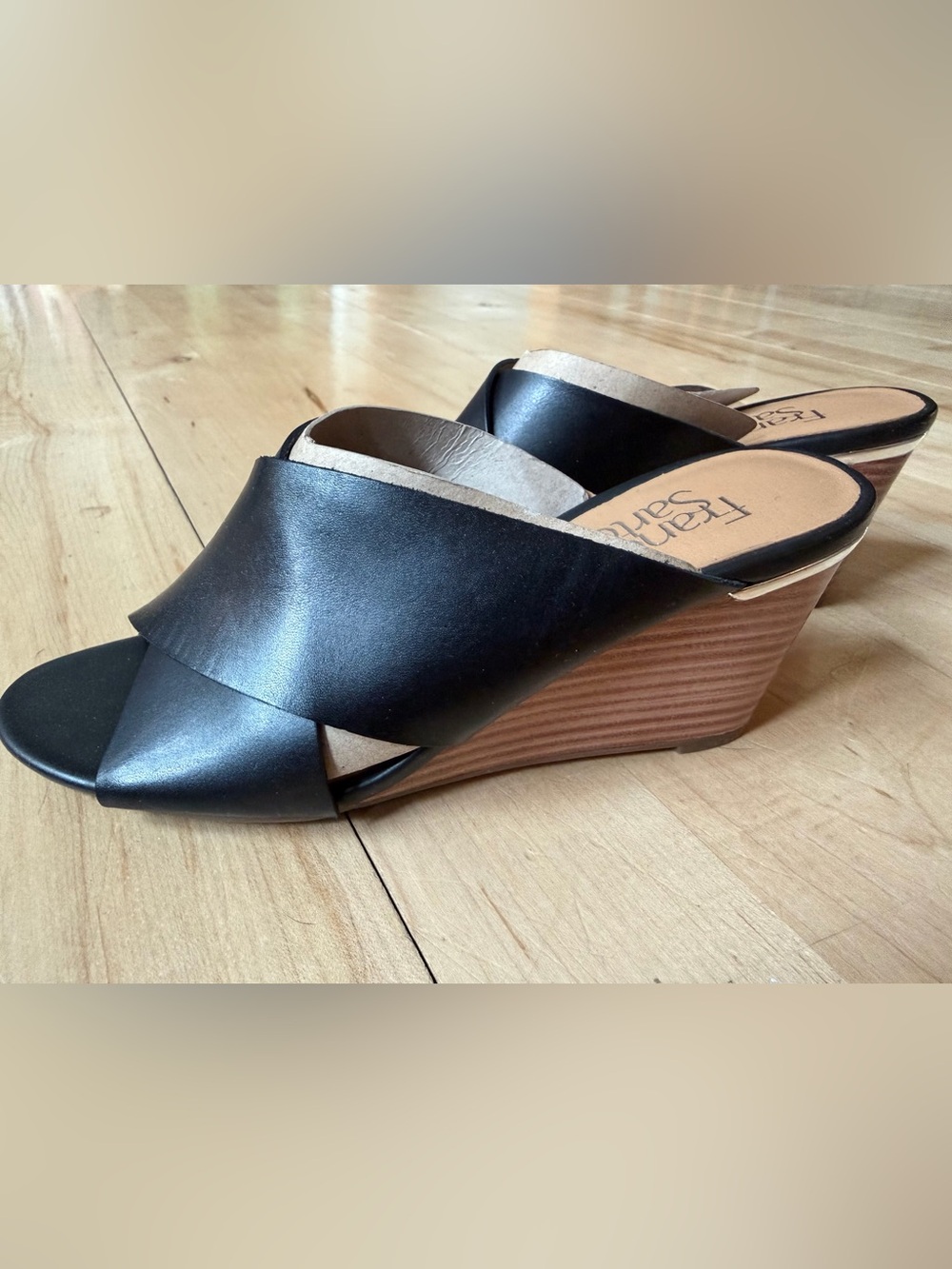 Franco Sarto Black Leather Crossover Wedge Sandals with Wood-Effect Heel